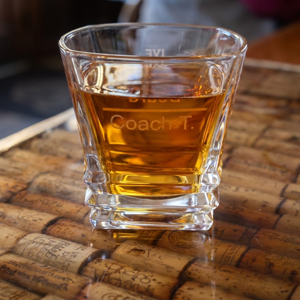 Glass of amber whiskey on a rustic tabletop covered with wine corks in a warmly lit restaurant.