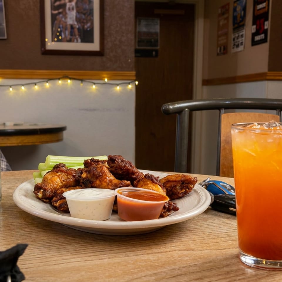 Plate of saucy chicken wings with dipping sauces, orange drink, ketchup, and seasonings on a warmly lit restaurant table.